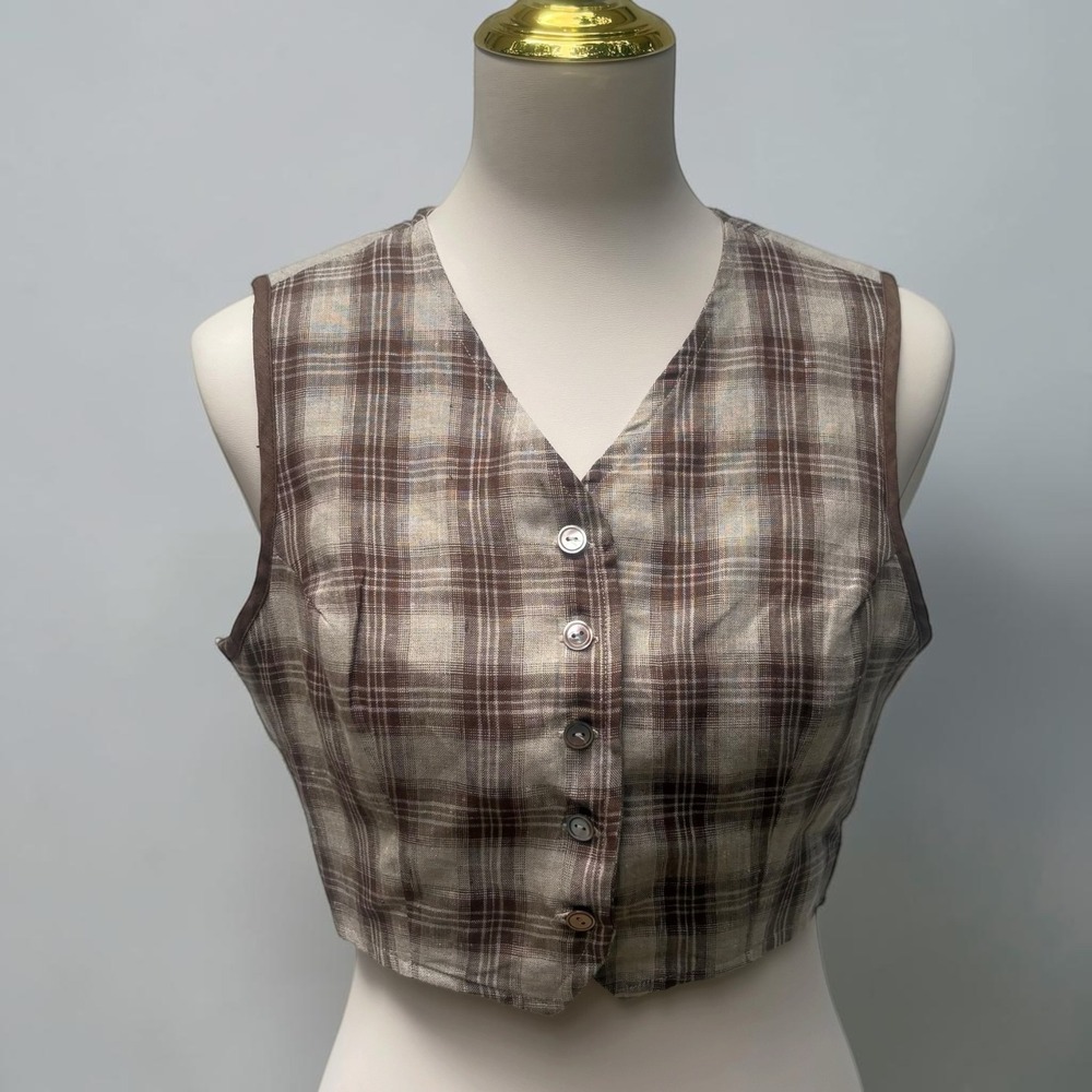 GAP Linen Waistcoat Vest S Brown Plaid Tartan Cropped V-Neck Y2K Academia Preppy